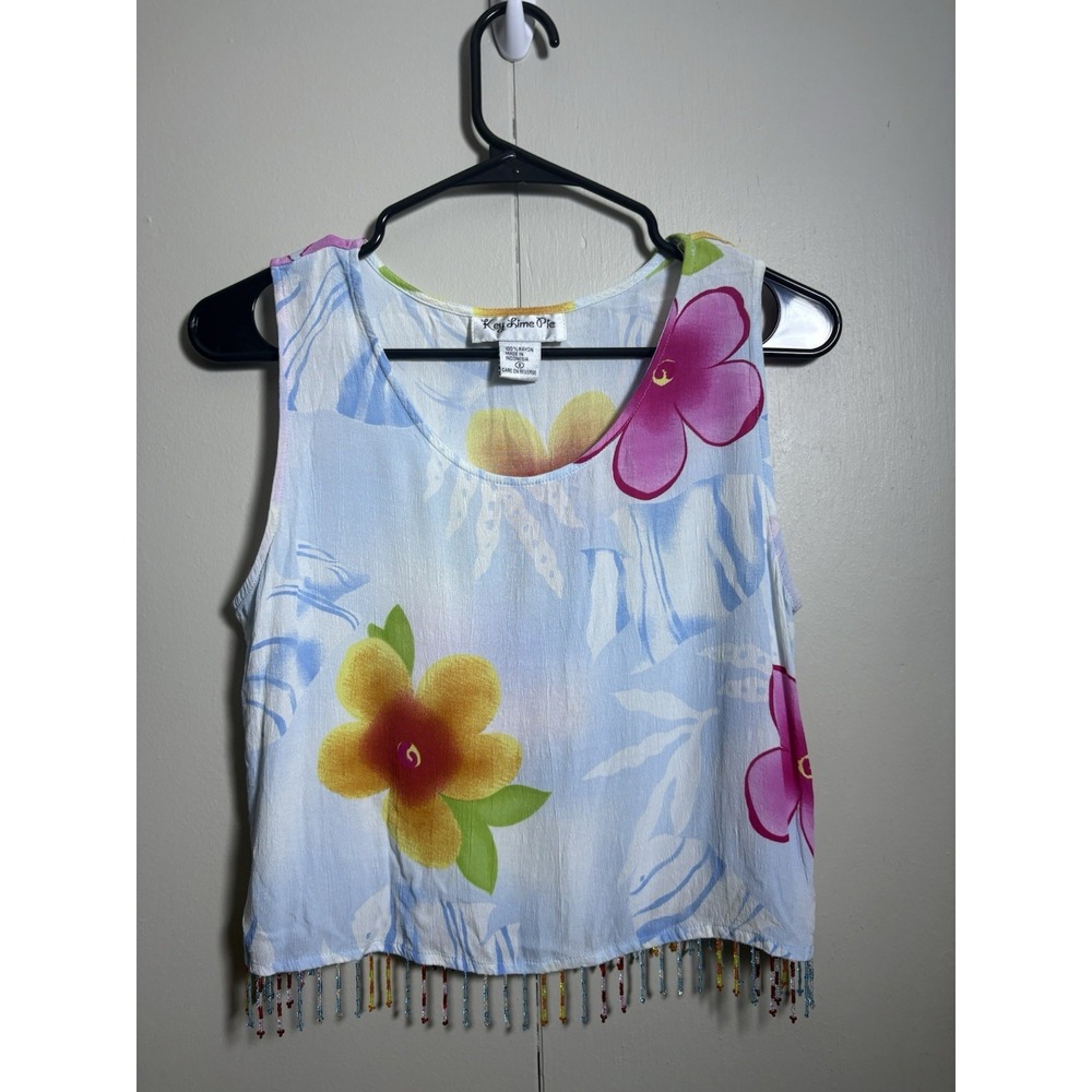 Key Lime Pie Tank Top S Tropical Floral Beaded Hem Y2K Festival‎ Beach Resort